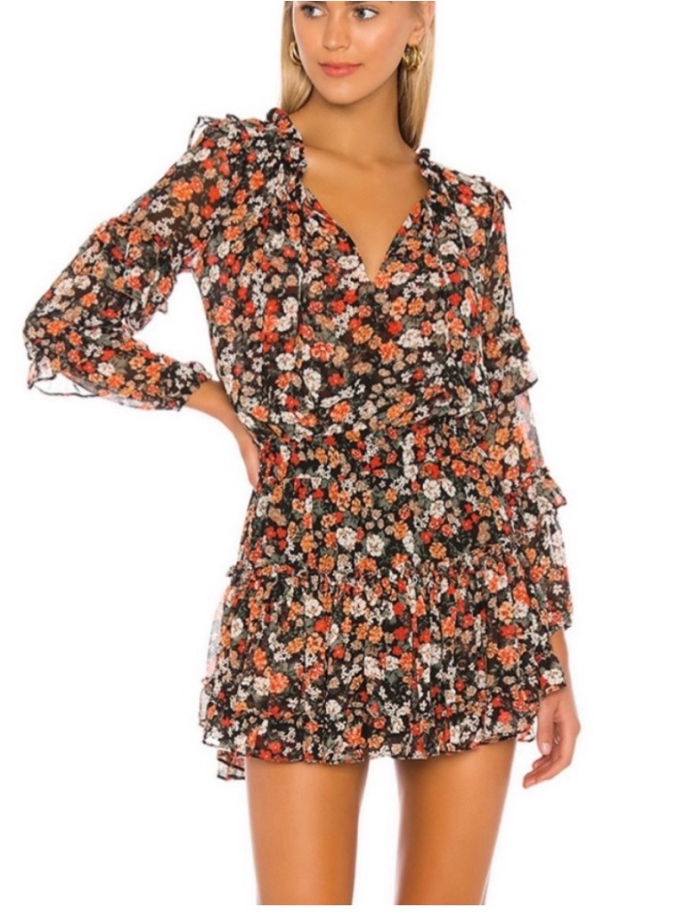 Misa Los Angeles Rizou Floral Smocked Mini Dress Long Sleeve Boho S